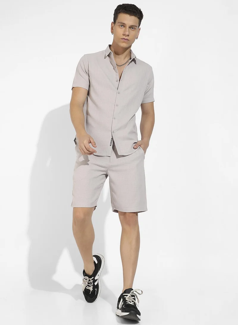 CAHOOT  Men's Beige Basic Textured Co-Ord Set For Casual Wear | Spread Collar | Short Sleeve | Button Closure | Cotton Co-Ords Crafted With Comfort Fit For Everyday Wear for Men | Best Price UAE
